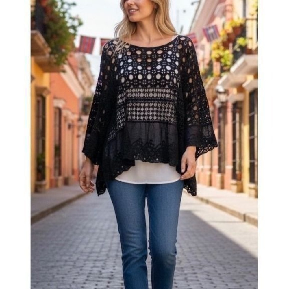POL Cotton Crochet Bell Sleeve Top Black Cotton Women One Size NWOT
